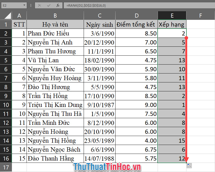 Copy hàm xuống các dòng dưới