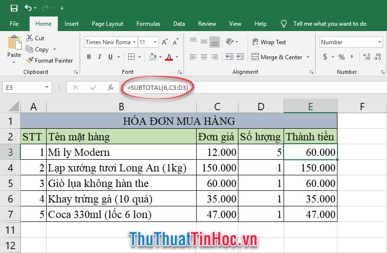 Sử dụng hàm SUBTOTAL với Function_num là 6