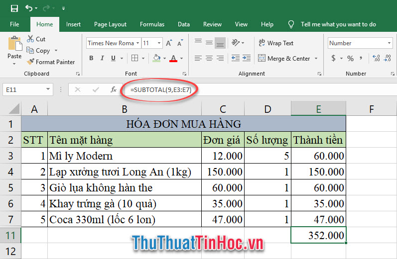 Hàm SUBTOTAL thay cho hàm tổng SUM với Function_num là 9