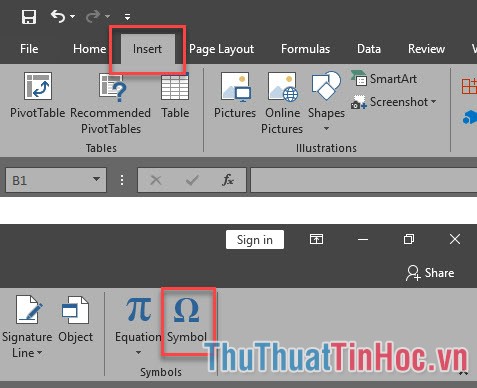 Vào ribbon Insert, trong mục Symbols click chọn Symbol