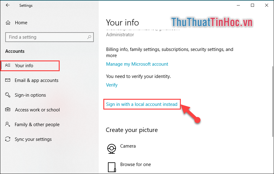 Tại tab Your Info, tìm đến mục Sign in with a local account instead