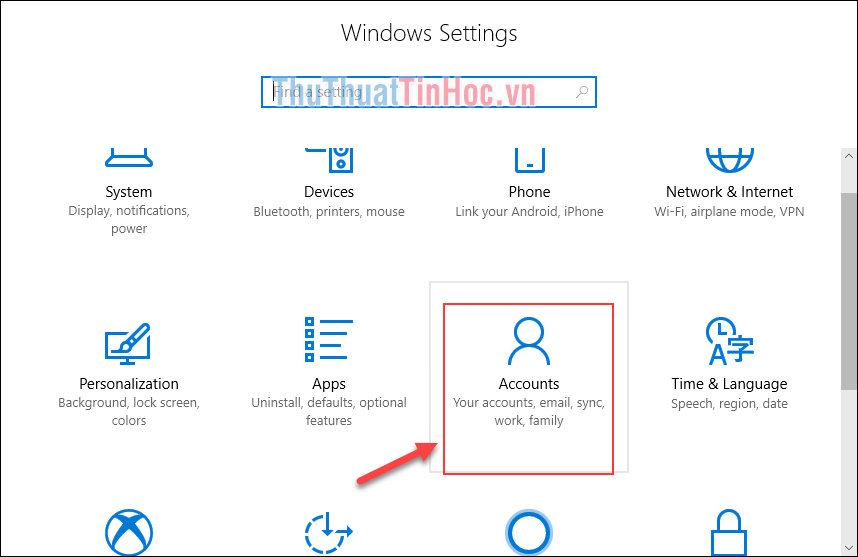 Ở cửa sổ Settings chọn phần Accounts