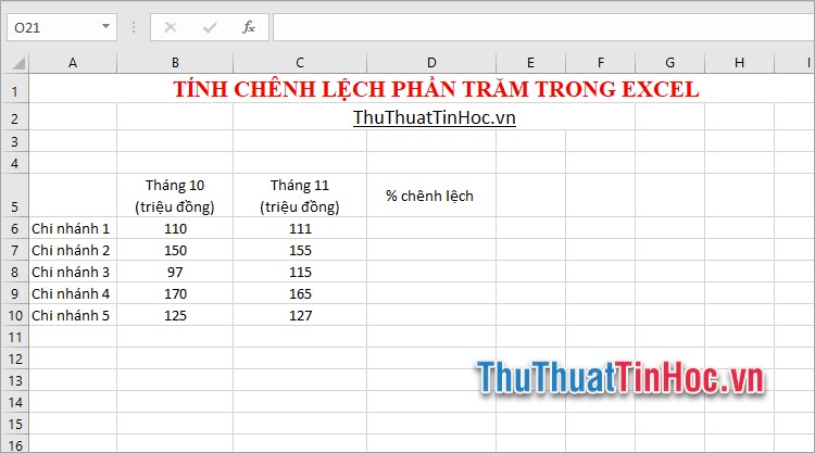 Cách tính chênh lệch phần trăm trong Excel