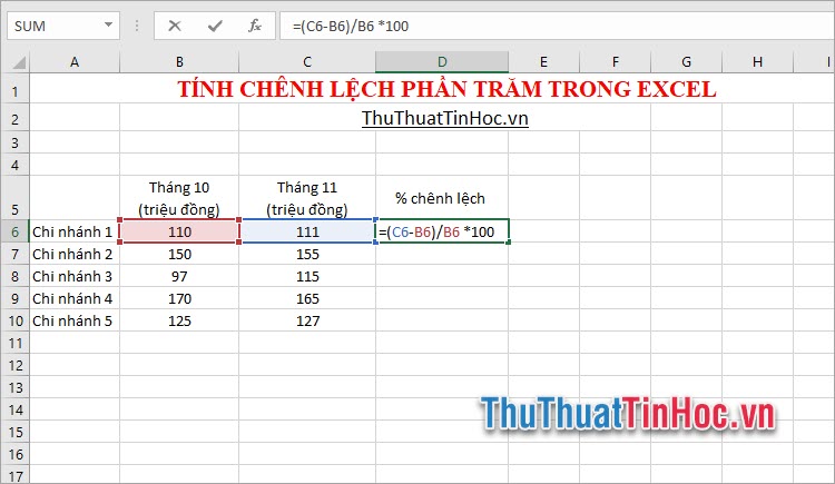 Tính chênh lệch phần trăm trong Excel