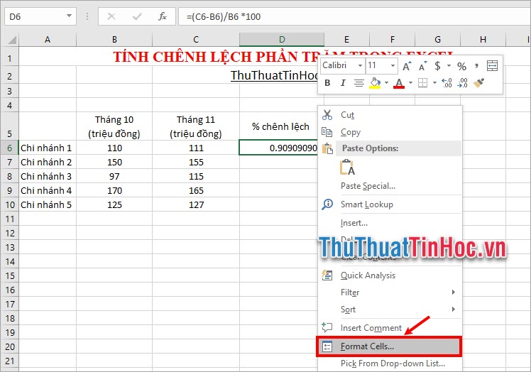 Nhấn chuột phải vào ô và chọn Format Cells