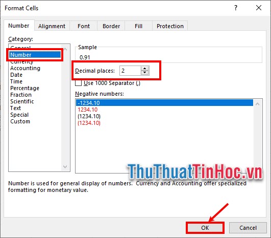 Chọn Number, nhập số 2 trong phần Decimal places và chọn OK