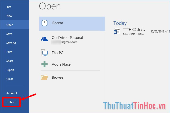 Chọn File - Options đối với phiên bản Word 2013, 2016