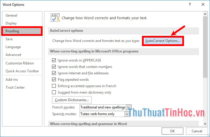 Trong cửa sổ Word Options chọn Proofing - AutoCorrect Options