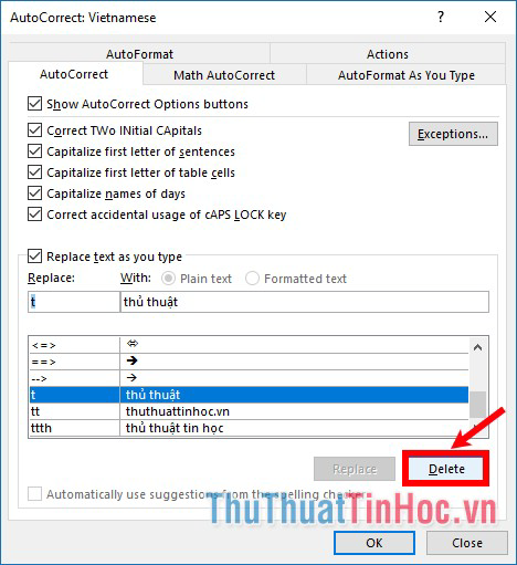Để xóa từ viết tắt chọn dòng chứa từ viết tắt và chọn Delete