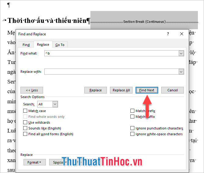 Nếu cần xóa từng Section Break một hãy bấm vài Find Next