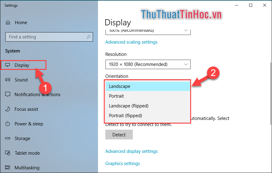 Tại mục Orientation lựa chọn hướng xoay màn hình