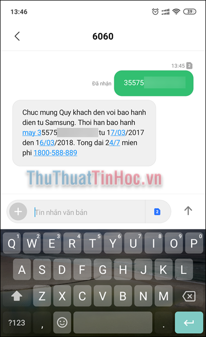 Nhắn tin đến tổng đài dịch vụ bảo hành của Samsung