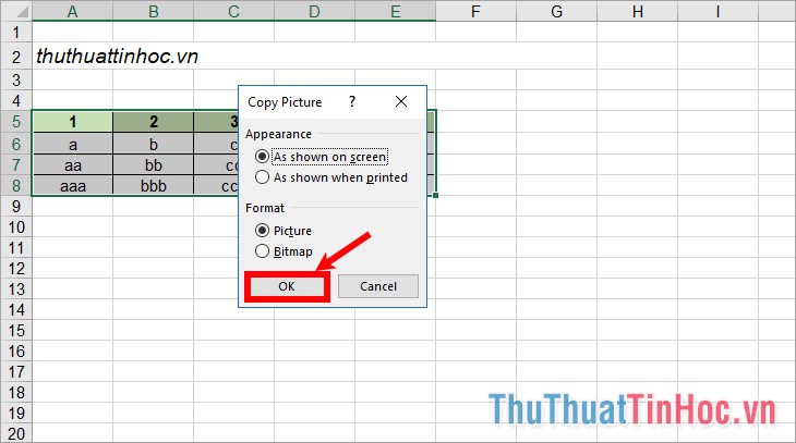 Xuất hiện hộp thoại Copy Picture chọn OK