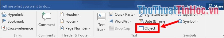 Trên file Word chọn Insert - Object