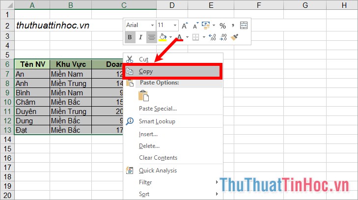 Sao chép bảng dữ liệu trong file excel