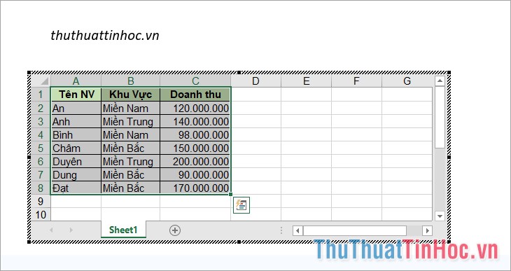 Chuyển sang Word và dán bảng dữ liệu vào trang tính Excel