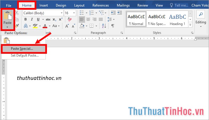 Chọn thẻ Insert - Paste - Paste Special