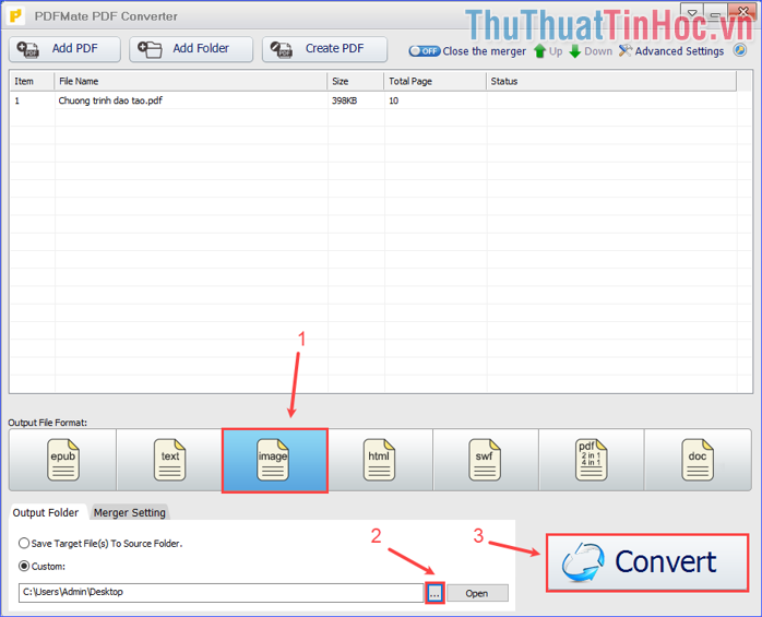 Chọn định dạng đầu ra là image; chọn nơi xuất file đầu ra rồi click vào Convert