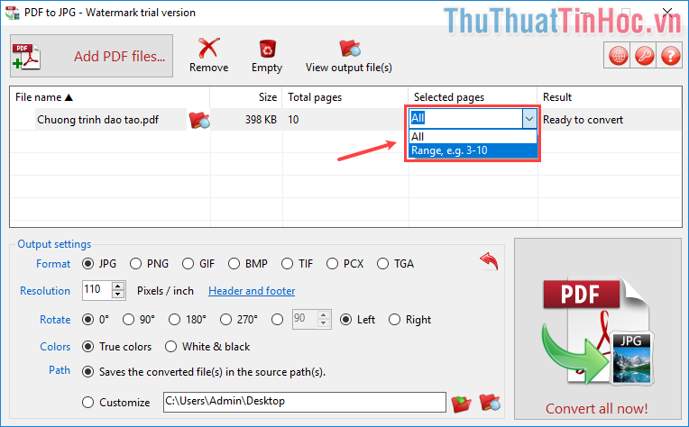 Tuỳ chỉnh phạm vi những trang nào muốn chuyển đổi sang JPG