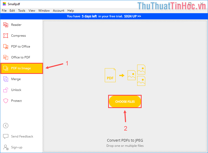 Click vào PDF to Image - Kéo file PDF cần chuyển thành JPG vào cửa sổ ứng dụng