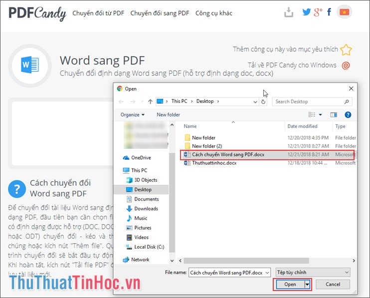 Chọn file Word cần chuyển đổi và ấn Open