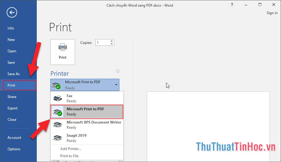 Chọn dòng Print, tiếp tục chọn Microsoft Print to PDF