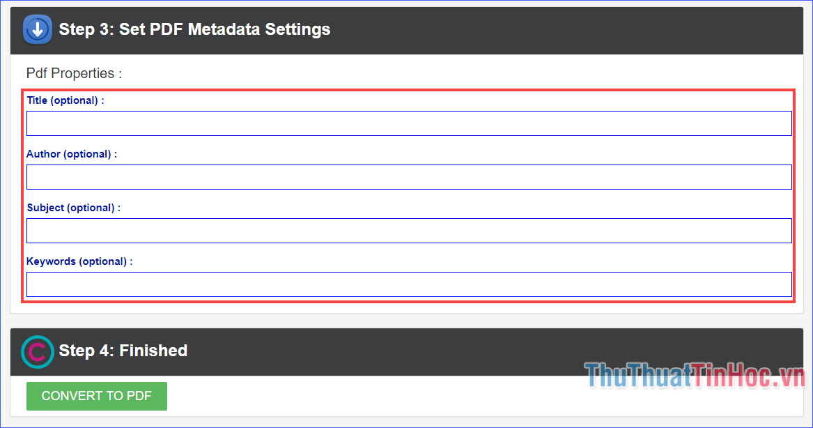 Điền một số thuộc tính cho file PDF như tiêu đề, tác giả, đề tài, từ khoá