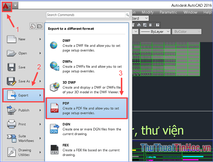 Click vào biểu tượng AutoCAD ở góc trên bên trái, chọn Export → PDF