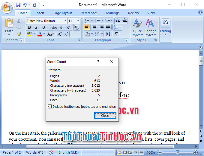 Hộp thoại Word Count được mở lên