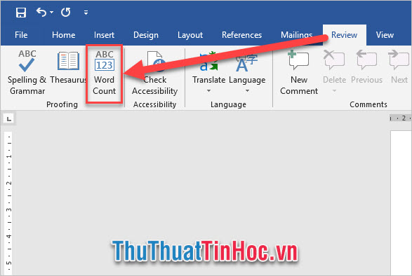 Vào ribbon Review, chọn biểu tượng Word Count trong Proofing