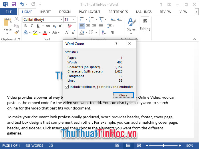 Hộp thoại Word Count cho biết số ký tự, số dòng, số trang