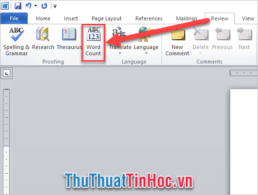 Vào Review, trong Proofing chọn biểu tượng Word Count