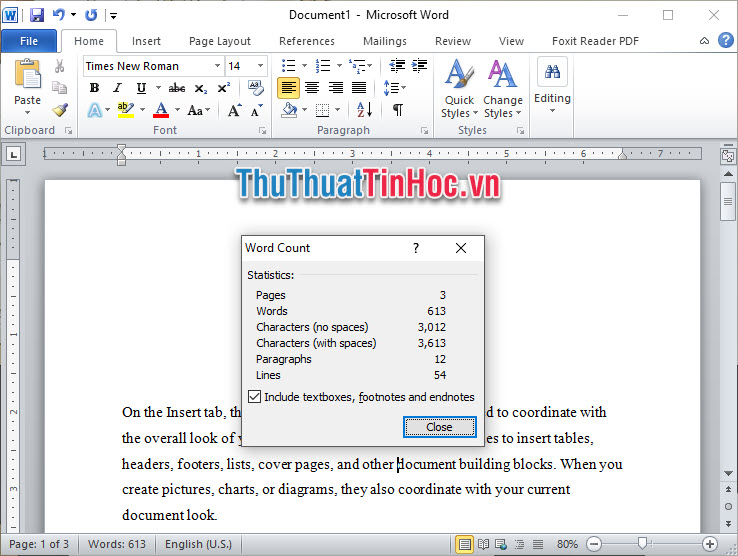 Các thông tin trong hộp thoại Word Count