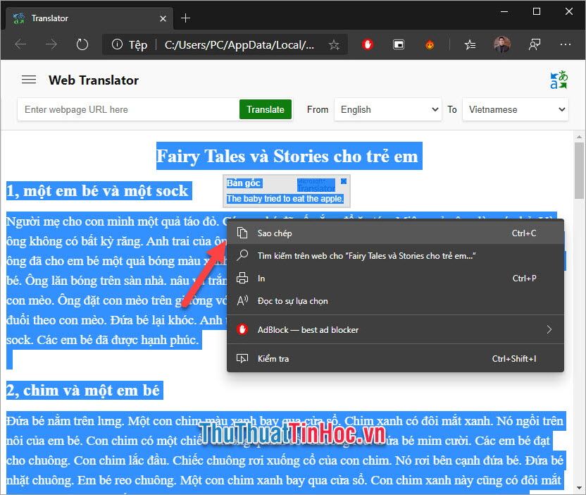 Chọn Sao chép văn bản dịch sang một nơi khác