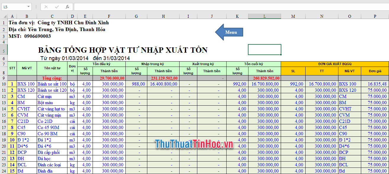 File Excel quản lý vật tư nhập kho