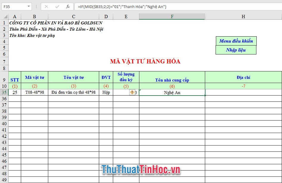 File Excel quản lý xuất nhập tồn kho mã vật tư hàng