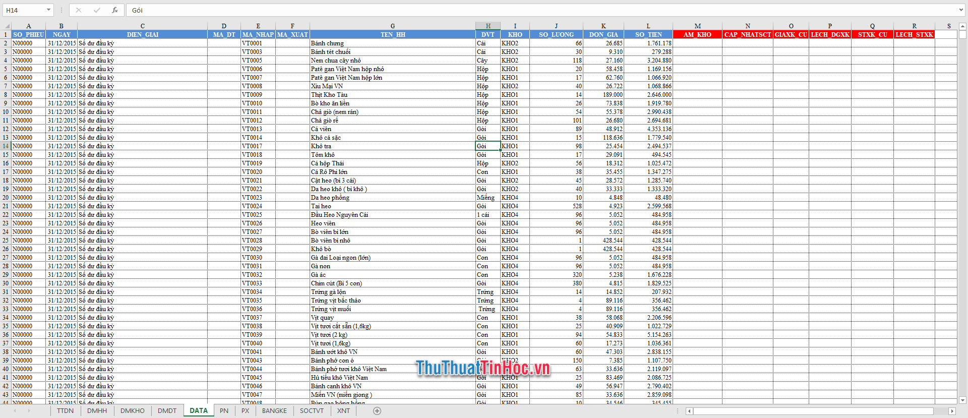 File Excel quản lý xuất nhập tồn kho số phiếu đầy đủ