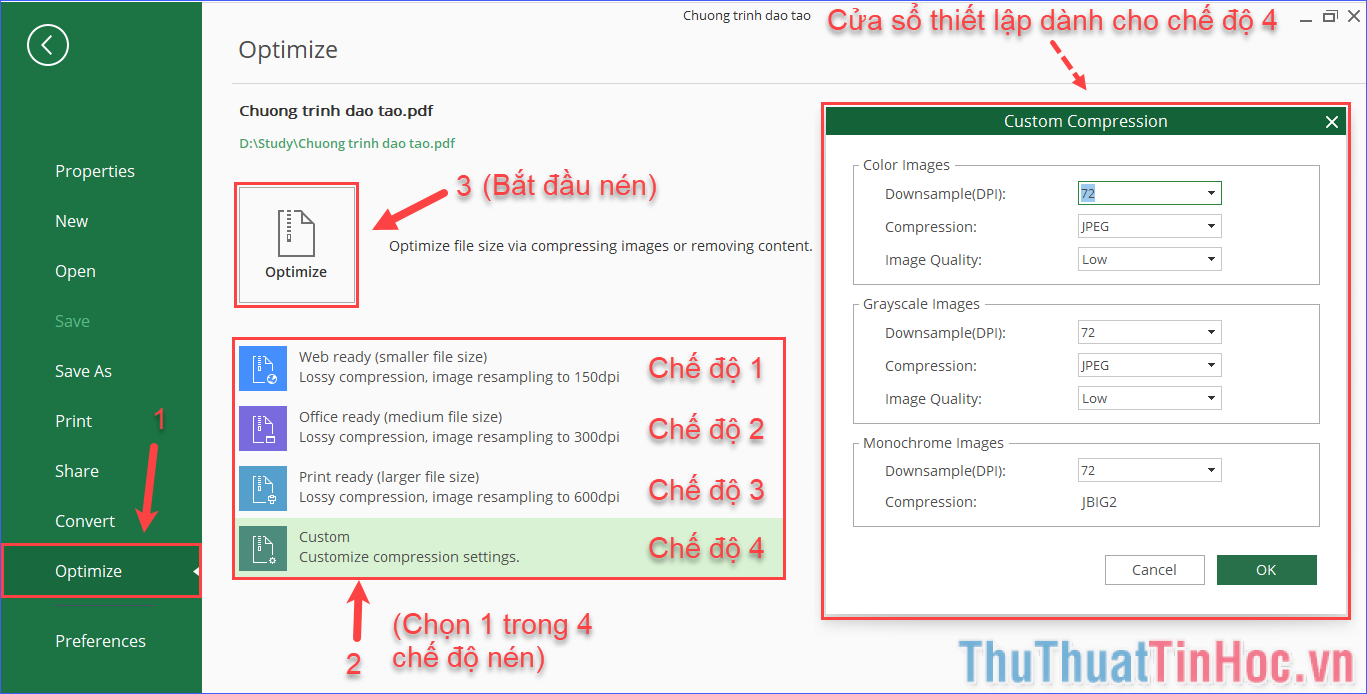 Click vào nút Optimize để bắt đầu nén file PDF