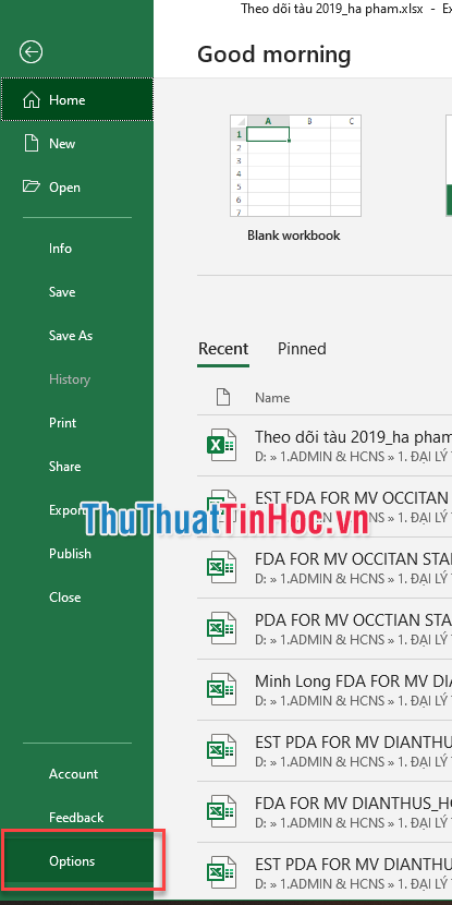 Chọn Options