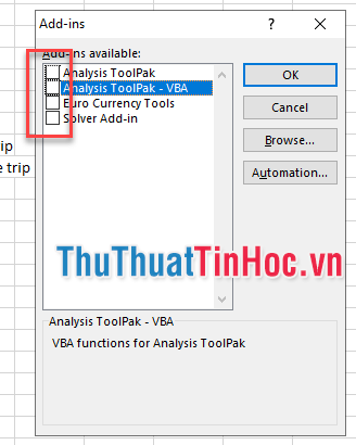 Bỏ dấu tích trước tất cả các Add-in và chọn OK