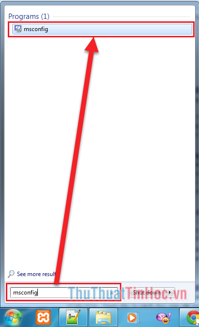 Click vào biểu tượng Windows, nhập msconfig vào dòng tìm kiếm