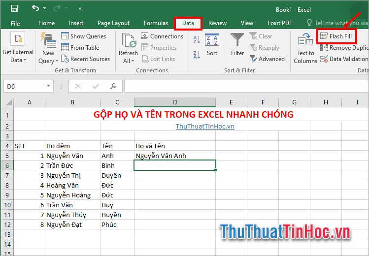 chọn thẻ Data → Flash Fill