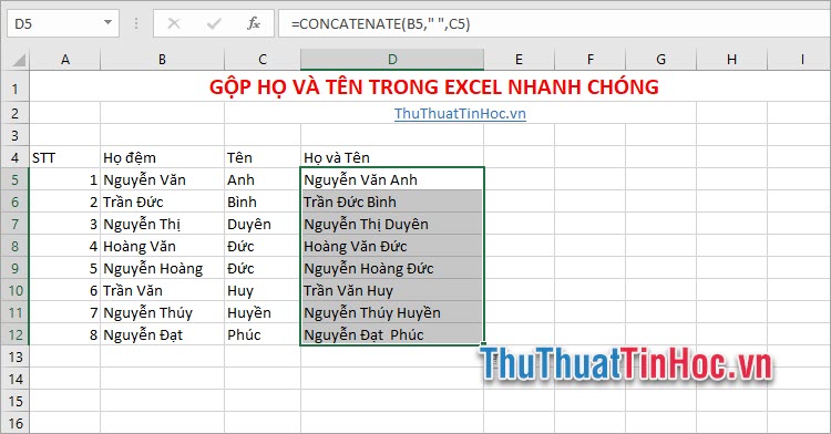 Gộp họ và tên trong Excel nhanh chóng