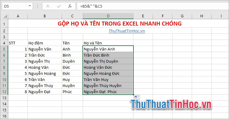 Gộp tất cả họ và tên thành một