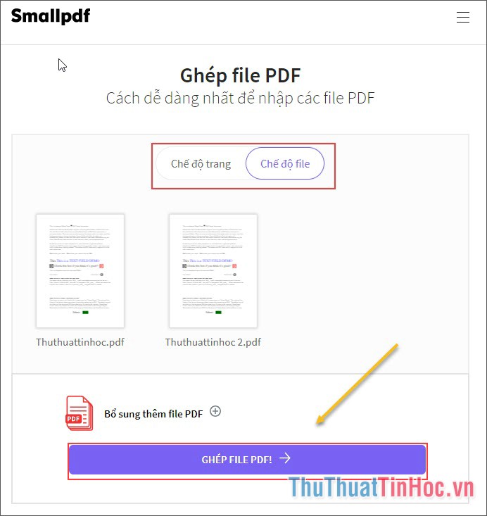 Nhấn Ghép file PDF để tiến hành ghép file PDF