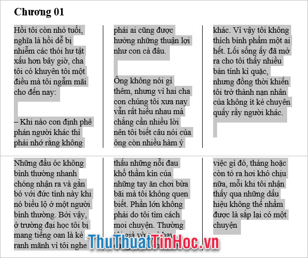 Tách văn bản thành ba cột bằng nhau Three và chèn một đường kẻ vào giữa các cột Line between