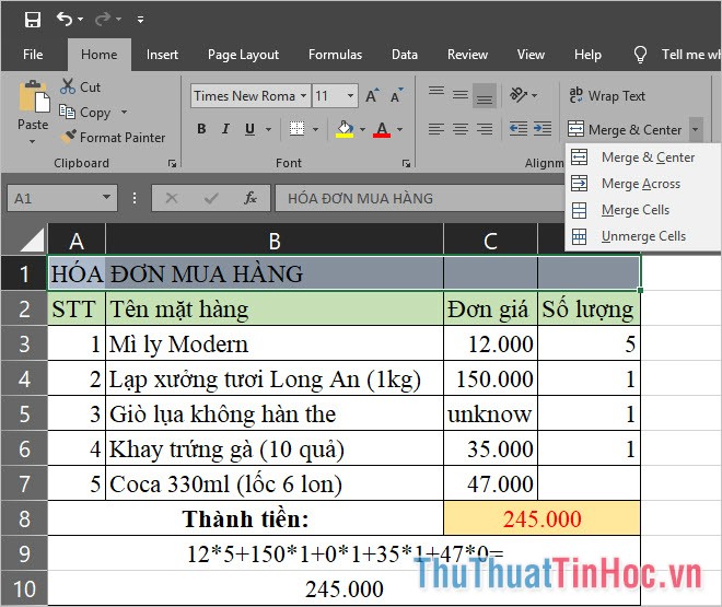 Click vào biểu tượng mở rộng tùy chọn của Merge & Center