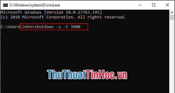 Nhập lênh shutdown –s –t 3600 xong nhấn Enter