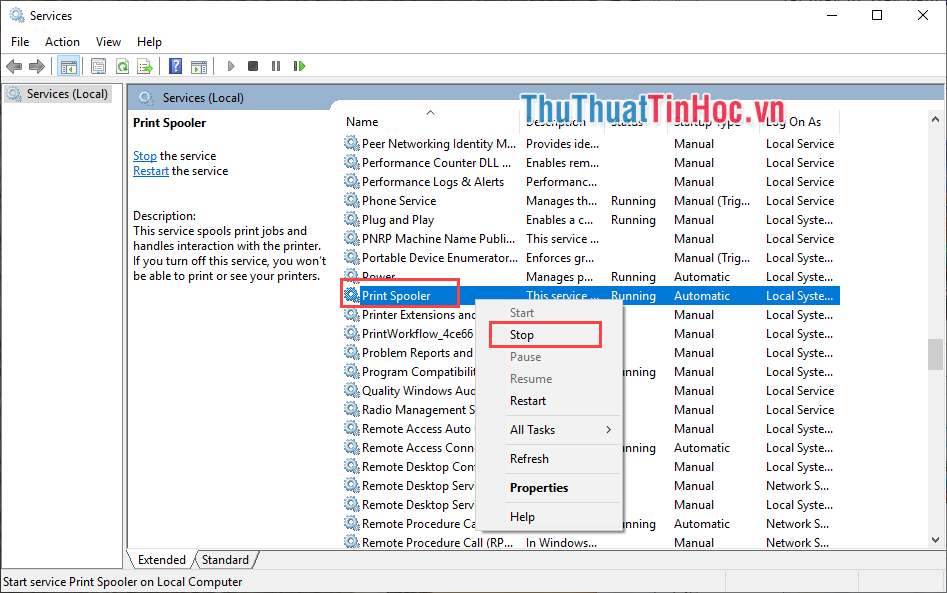 Tìm tới Print Spooler và chọn Stop