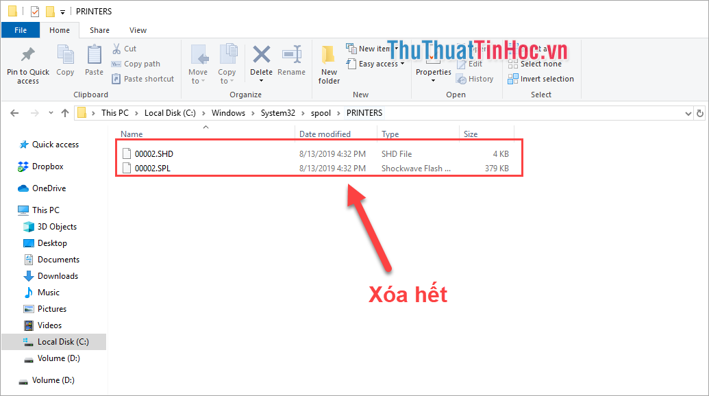 Bạn xóa hết file trong thư mục Printers